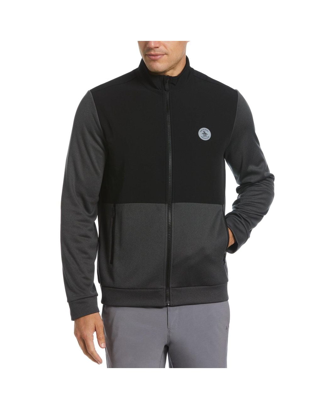 Original Penguin Black Colour Block Fleece Full Zip Golf Jacket In Dark Caviar Heather for men