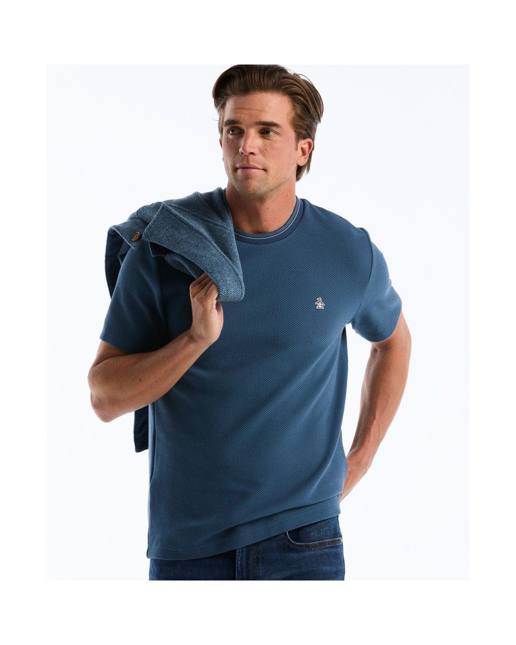 Original Penguin Blue Tonal Tipped Pique T-shirt In Sargasso Sea for men