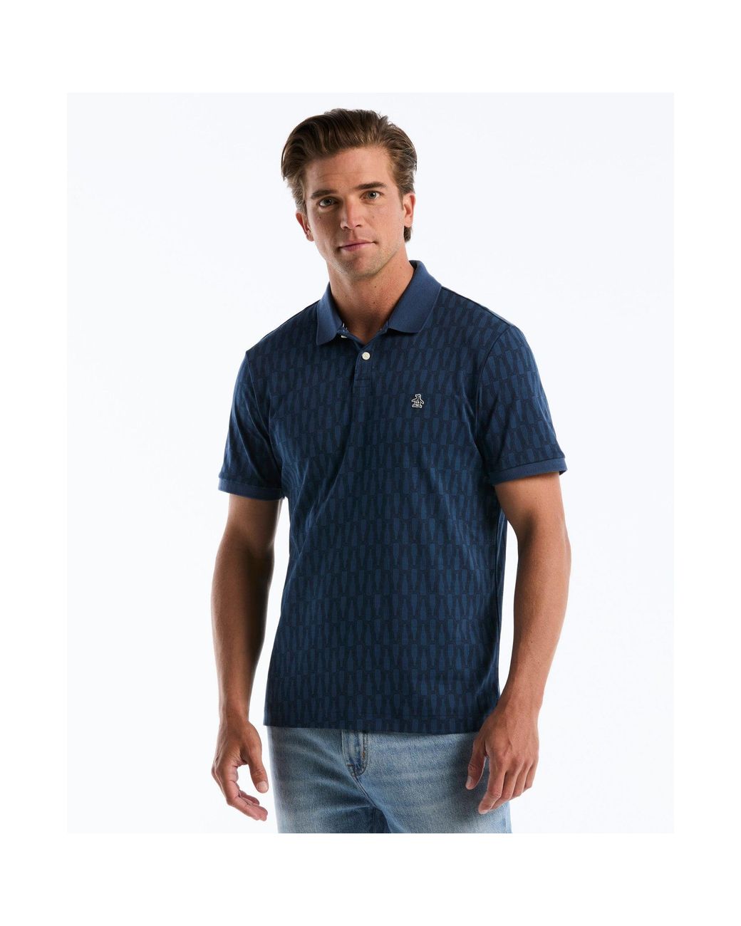 Original Penguin Blue Bottles Print Polo In Sargasso Sea for men