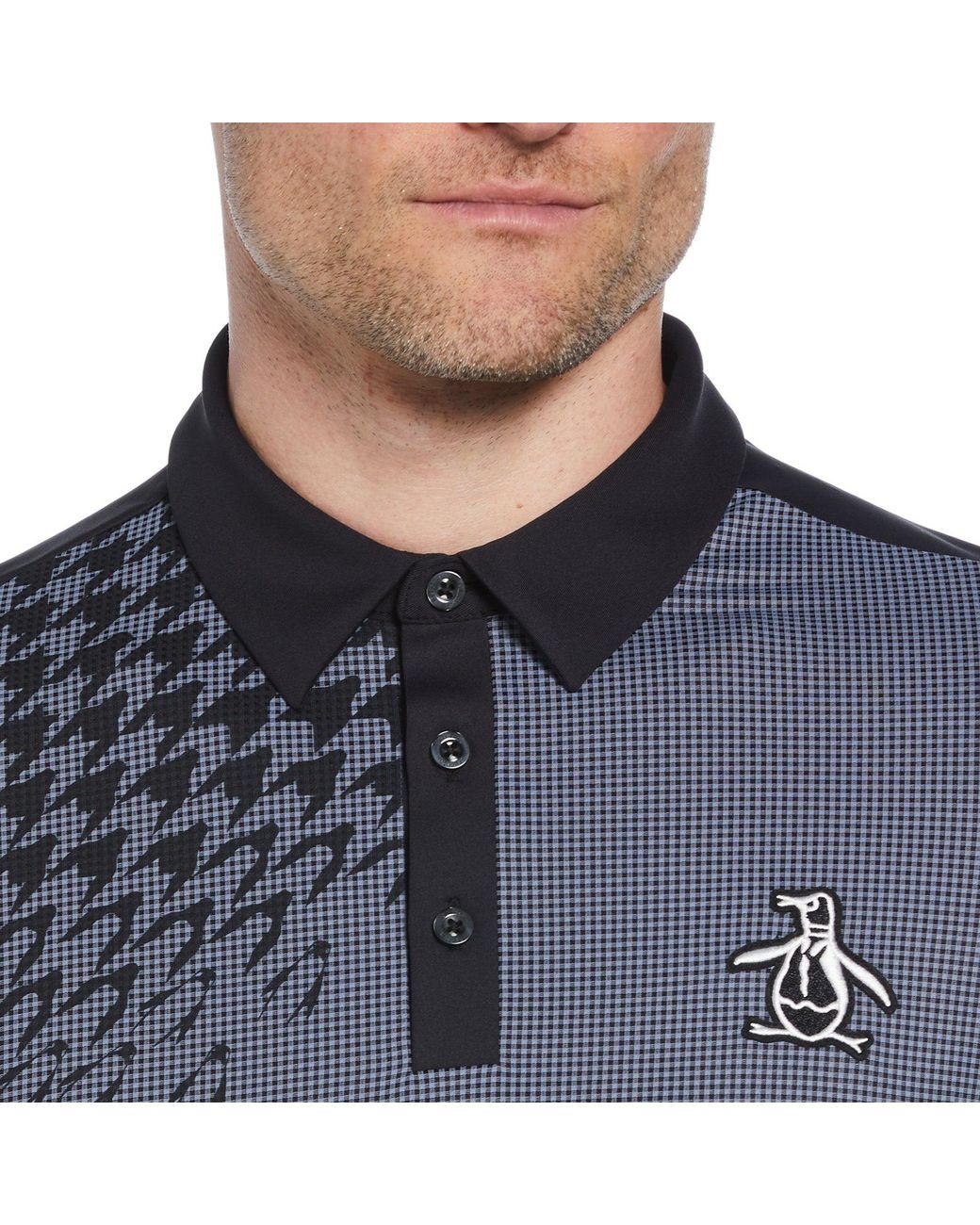 Original Penguin Blue Asymmetrical Pete Gingham Colour Block Golf Polo Shirt In Caviar for men