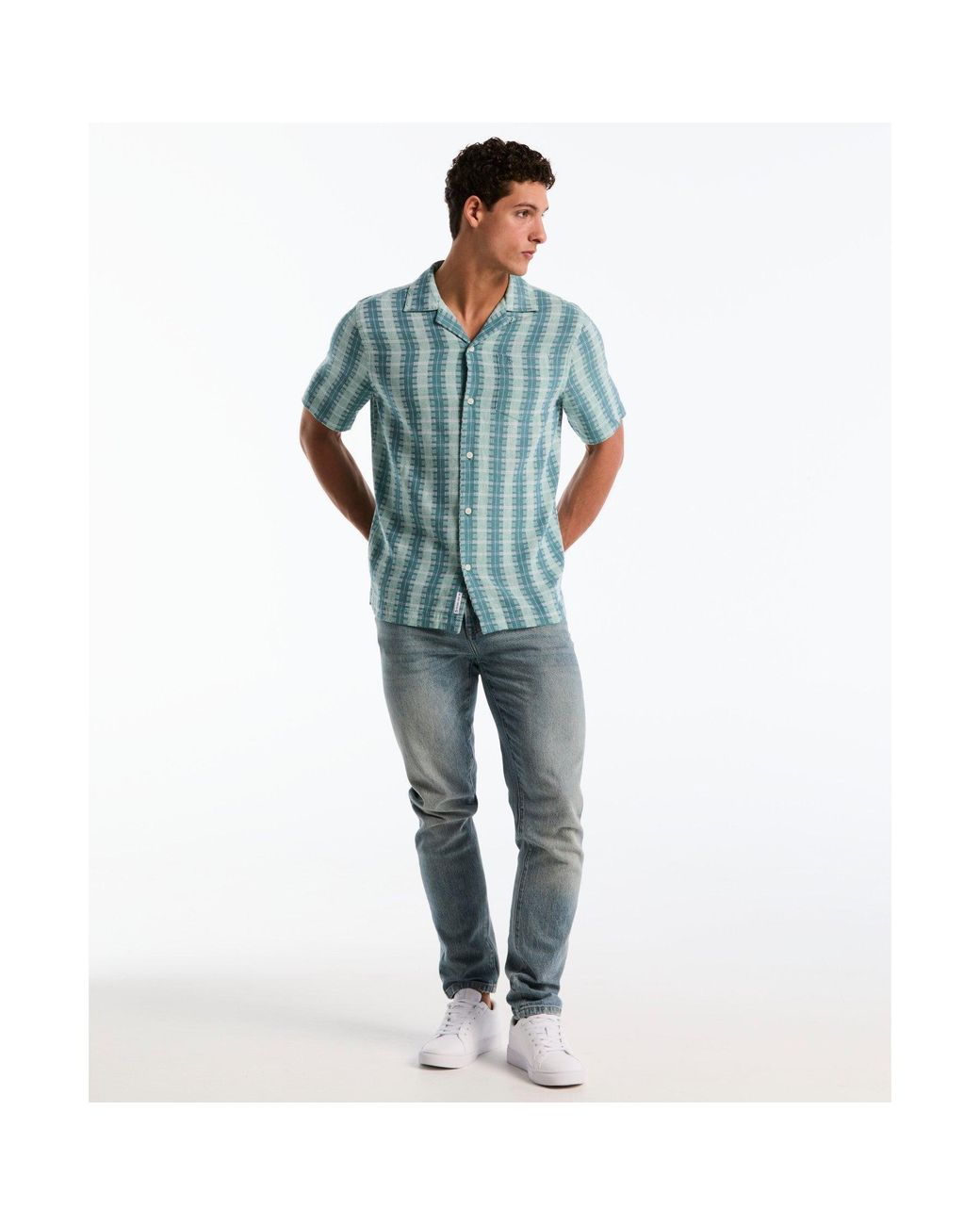 Original Penguin Vertical Pattern Short Sleeve Shirt In Copen Blue for men