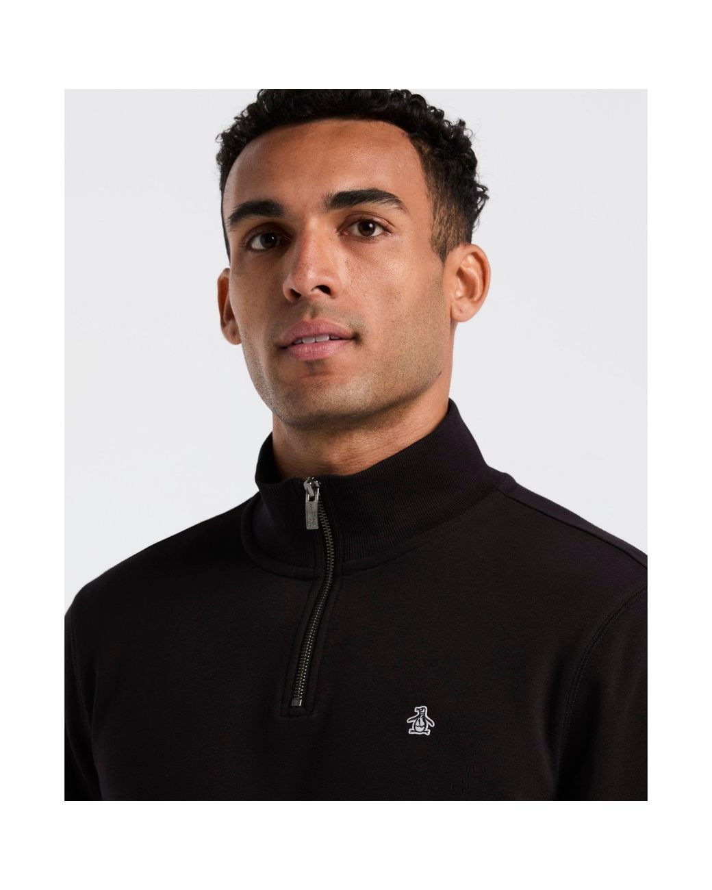 Original Penguin Sticker Pete Quarter Zip Sweatshirt In True Black for men