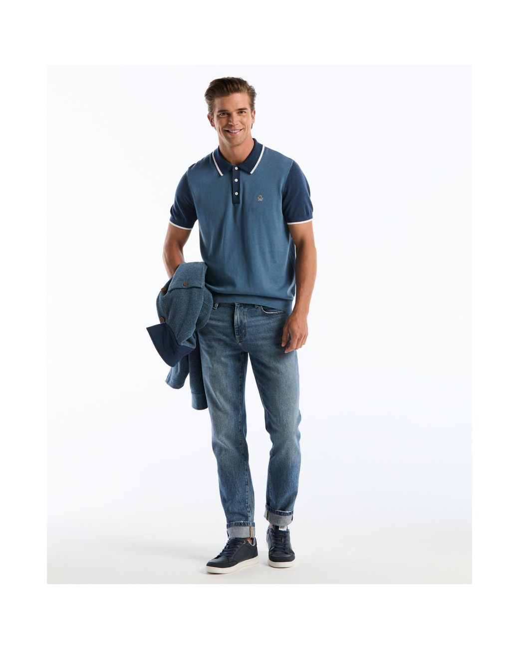 Original Penguin Colourblock Sweater Polo In Copen Blue for men