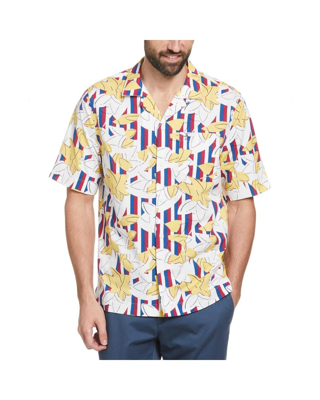 Original Penguin Blue Ecoverotm Stripe Leaf Print Camp Collar Shirt for men