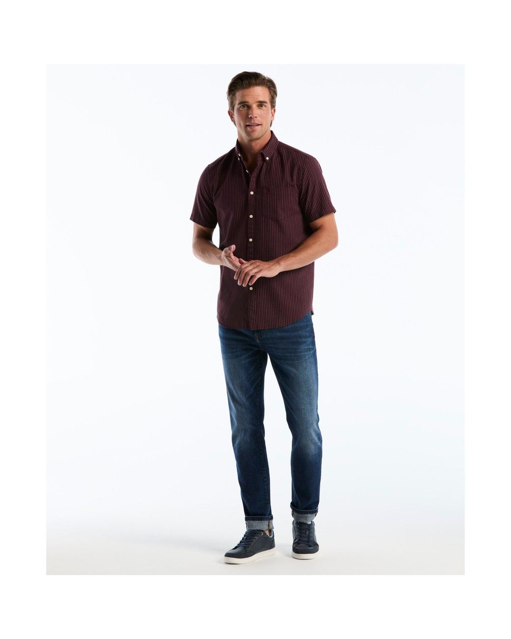 Original Penguin Red Dobby Striped Short Sleeve Shirt In Port Royale for men