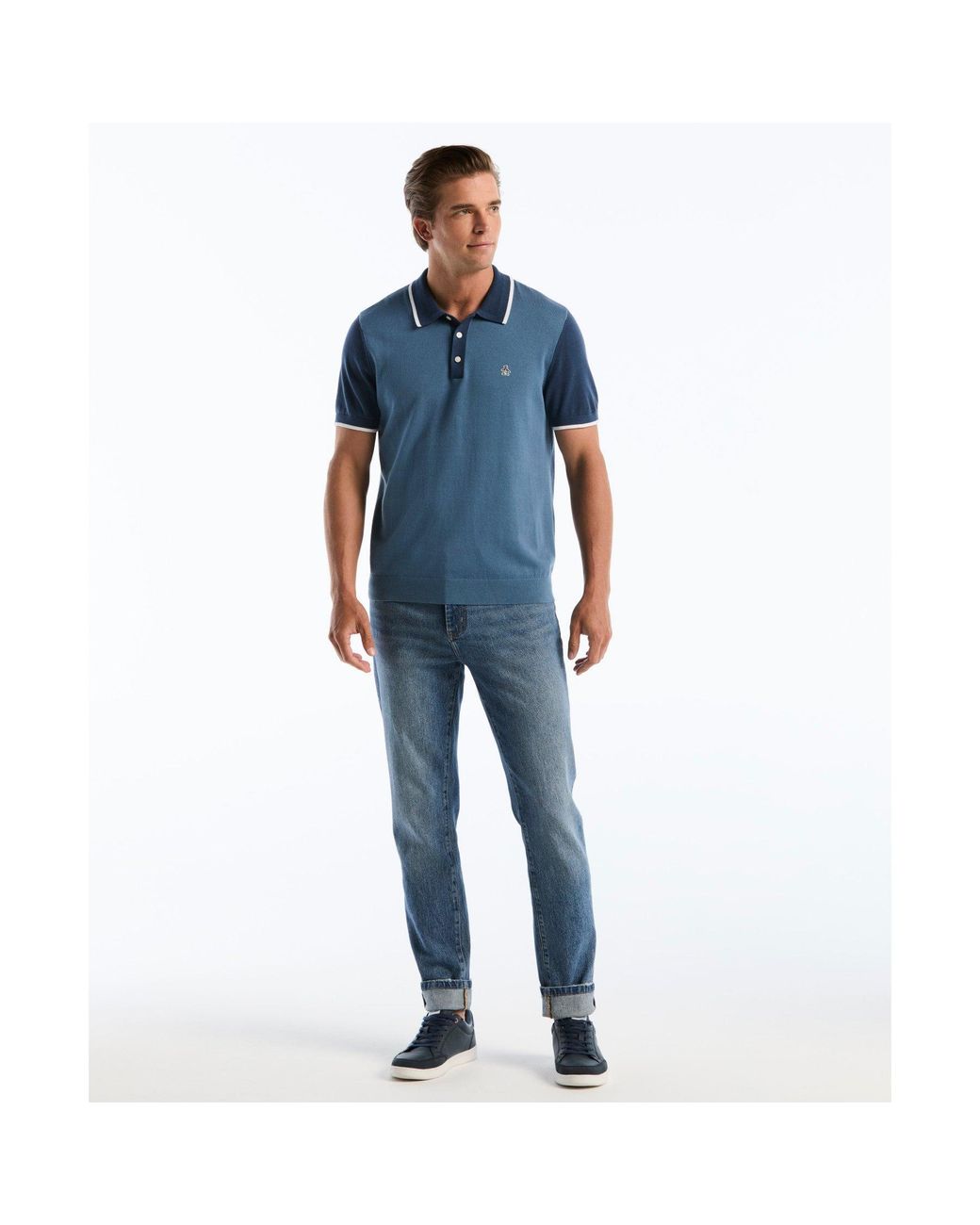 Original Penguin Colourblock Sweater Polo In Copen Blue for men