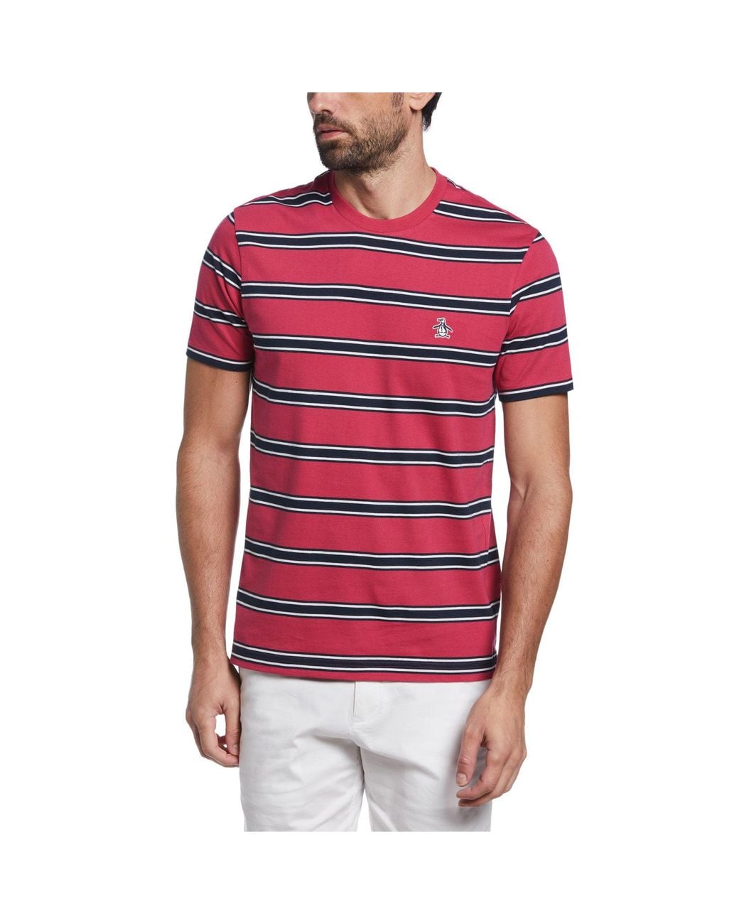 Original Penguin Red Auto Stripe Earl Short Sleeve T-shirt In Sangria | Outlet for men