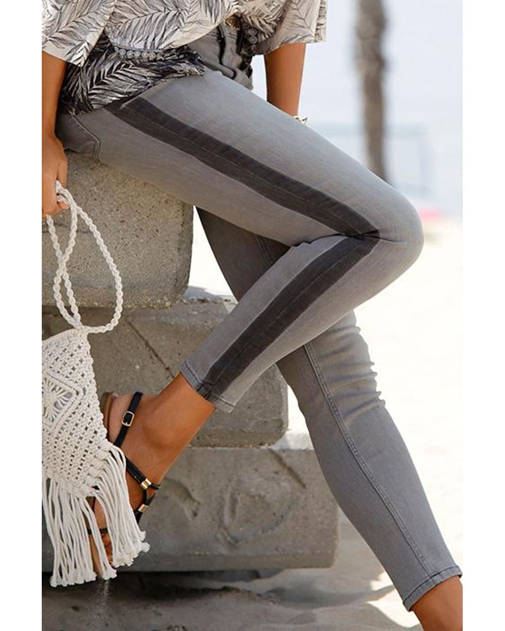 Lascana Side Stripe Jeans Gymo in Gray | Lyst