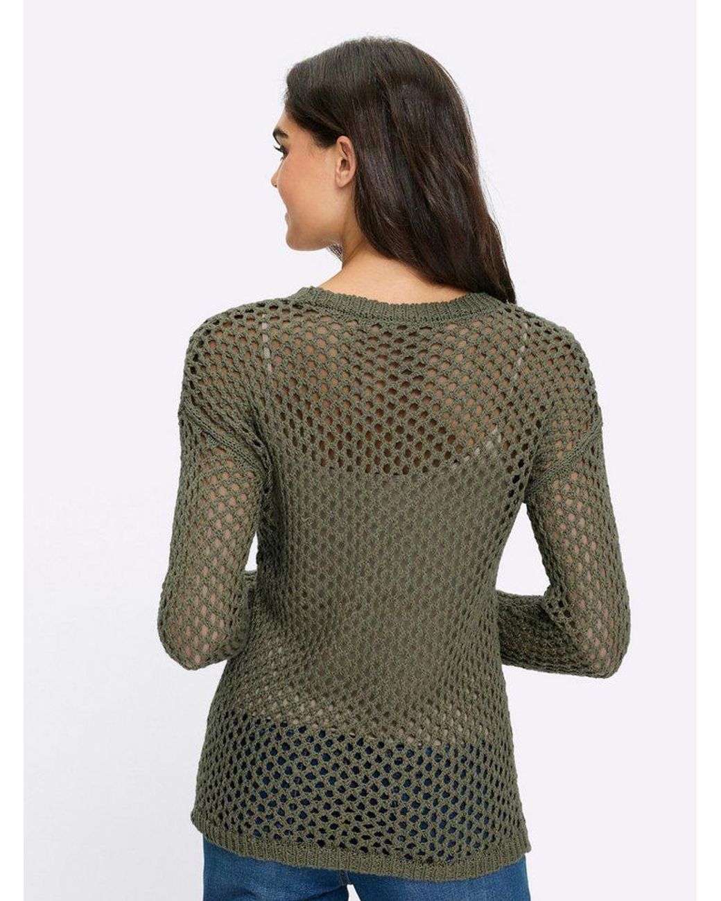 heine Green Strickpullover Pullover Langarm Ajourstrick