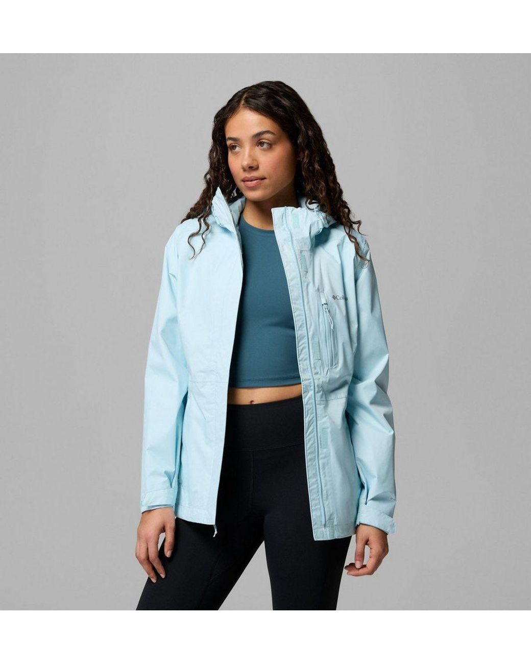Columbia Blue Regenjacke Pouring Adventure Iii Jacket Mit Per Gummizug Verstellbarer Kapuze, Wasserdicht, Winddicht