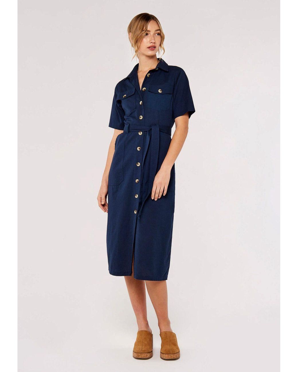 toller DE Bindegürtel) Lyst Apricot (2-tlg., in | Sommerkleid mit Linen Safari Knopfleiste Blau Dress