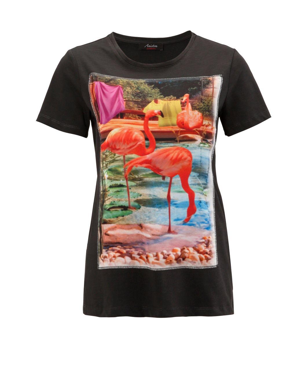 DE Applikation Schwarz CASUAL Aniston bunte, T-Shirt Flamingos glänzende leicht | Lyst in mit
