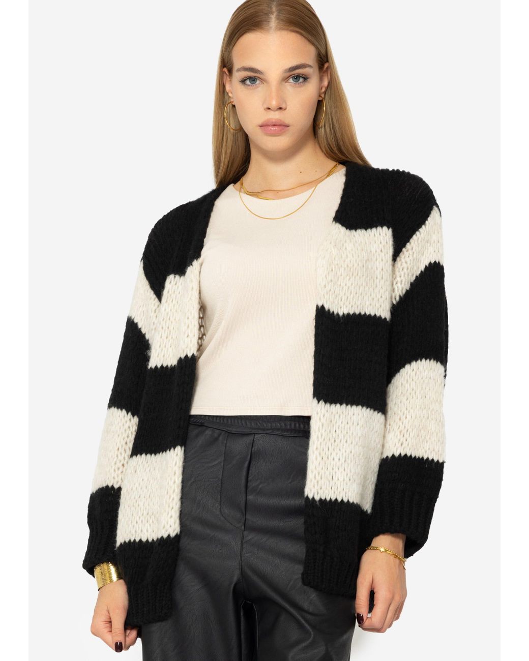 Damen Strickjacke Oversize Schwarz - Langer Cardigan Mit Puffärmeln & Offener Front