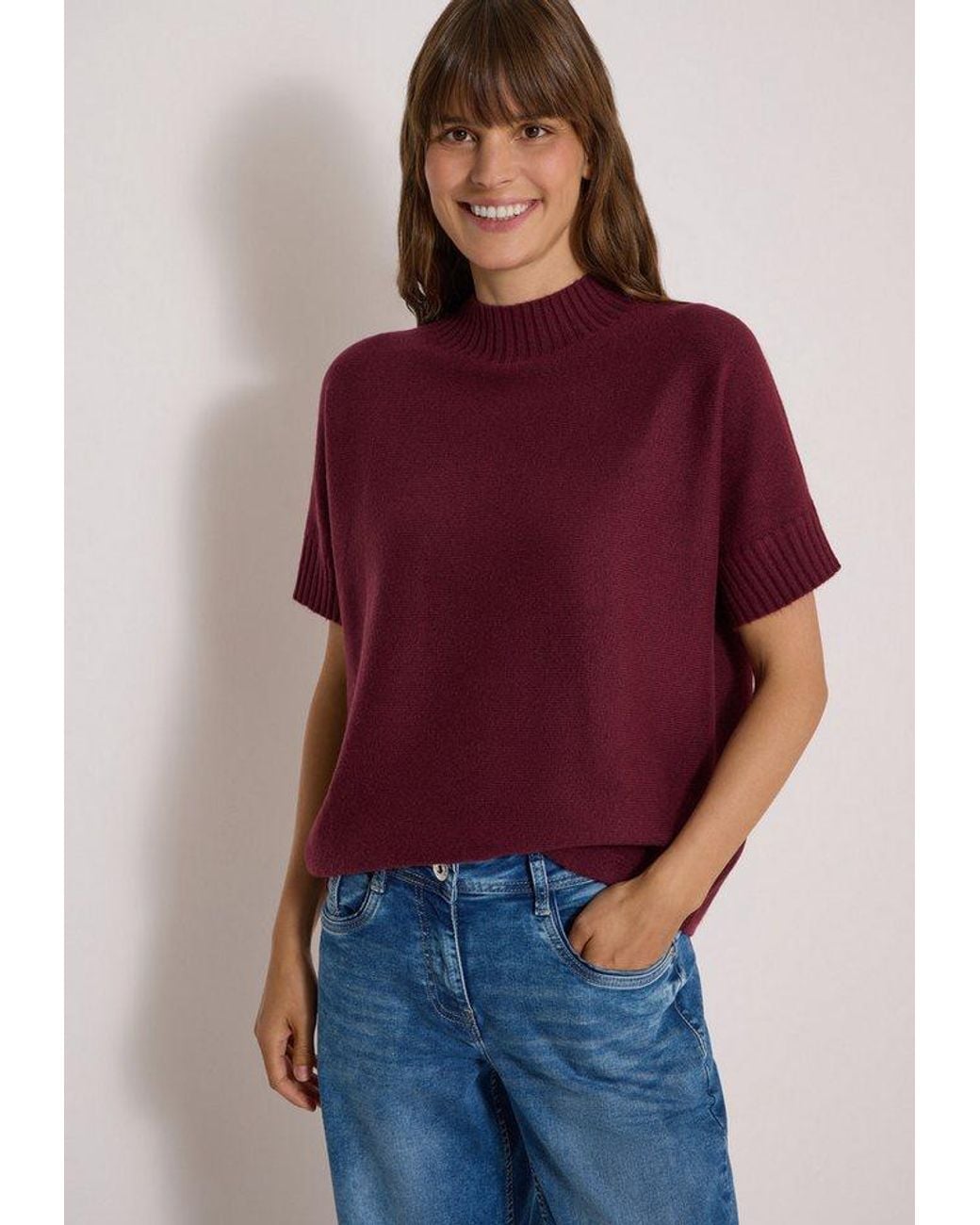 Cecil Red Kurzarmpullover Im Angenehmen Materialmix