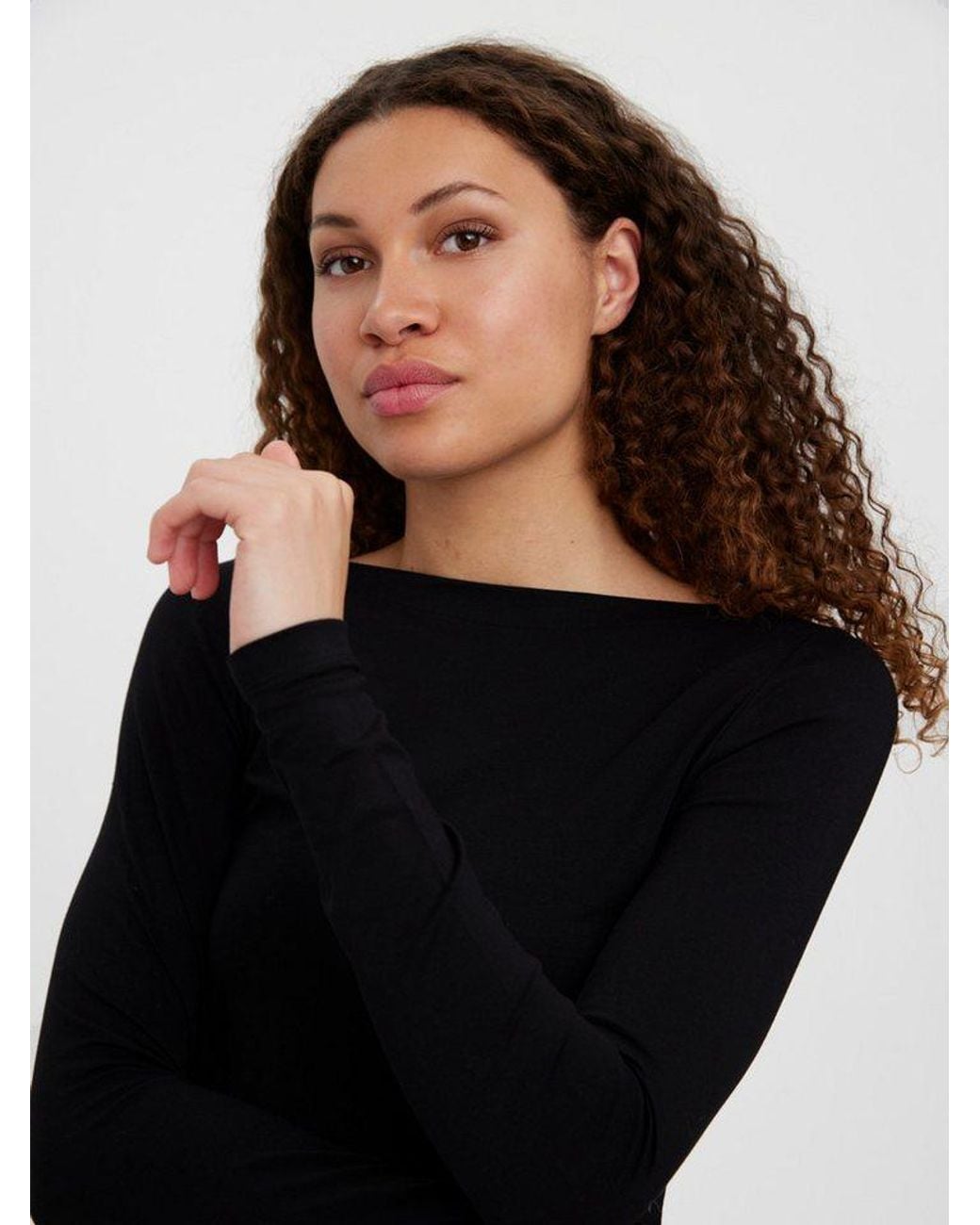 Vero Moda Black Langarmshirt Vmpanda Modal L/S Top Jrs Noos Baumwollmischung, Slim Fit