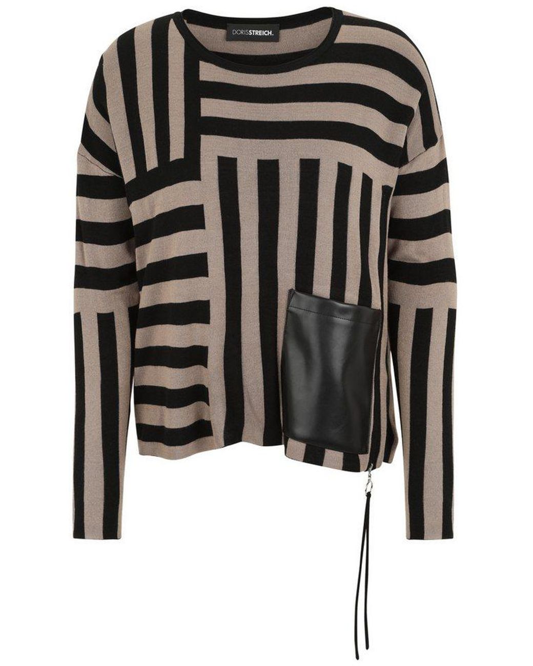 Doris Streich Black Strickpullover Mit Patch Aus Lederimitat