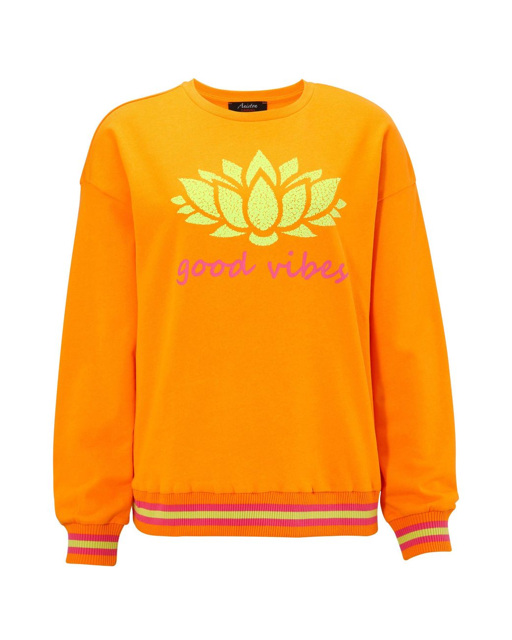 Aktueller Trend der Saison Aniston CASUAL Sweatshirt DE Seerose in Lyst mit abstrakter und Frontdruck | Orange Schriftzug