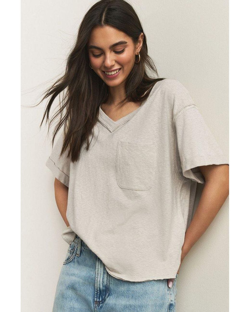 Next White V-Shirt Kurzarm-T-Shirt Mit V-Ausschnitt Und Leinenoptik (1-Tlg)