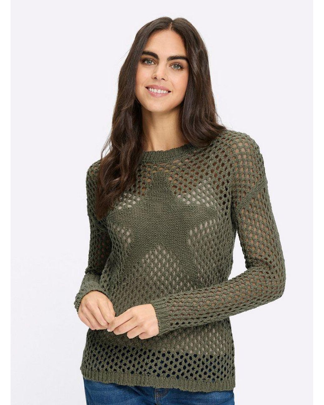 heine Green Strickpullover Pullover Langarm Ajourstrick