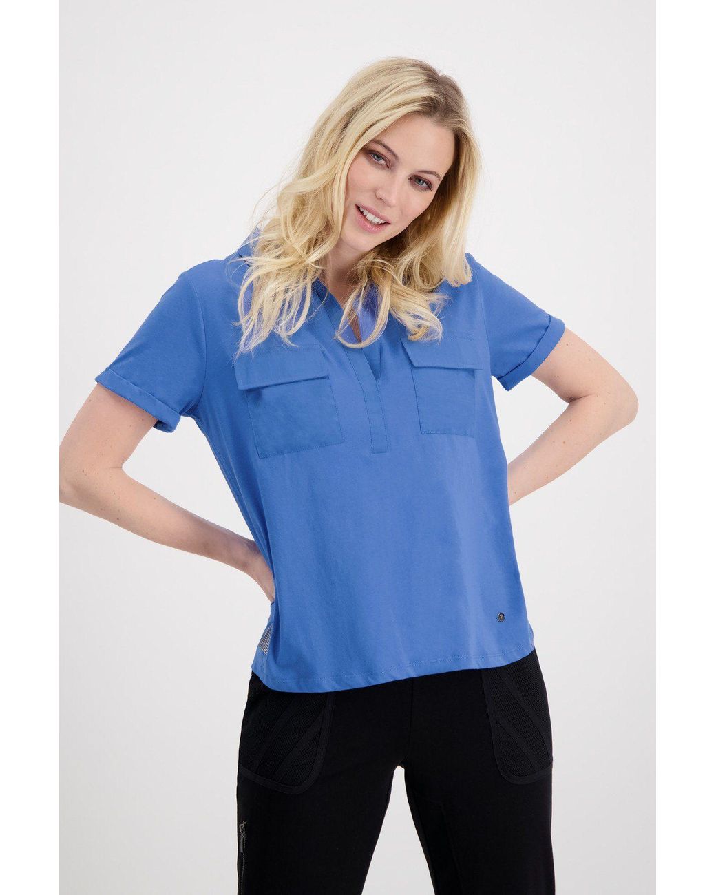 Lyst Monari aus Blau aufgesetzten mit Baumwolle | in Shirt DE Taschen Polo Poloshirt