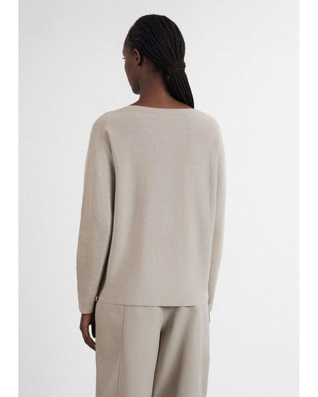 Comma, Natural Longpullover Strickpullover Feinstrick-Pullover Mit Glitzergarn Und U-Boot-Ausschnitt