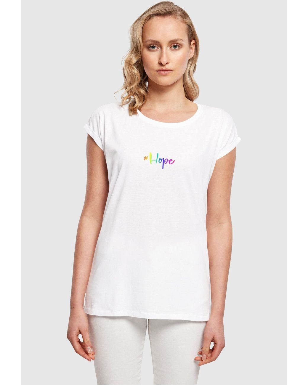 | Ladies T-Shirt Hope Rainbow Lyst DE in Shoulder Tee (1-tlg) Merchcode Weiß Extended