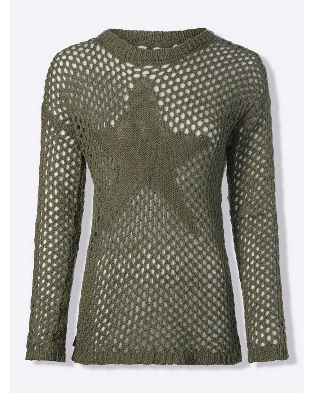 heine Green Strickpullover Pullover Langarm Ajourstrick
