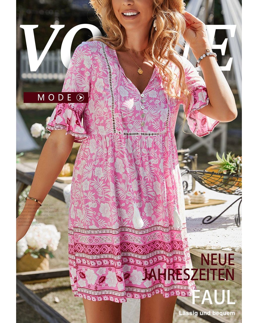 MAGICSHE Strandkleid Bohemia Blumendruck V-Ausschnitt mit Quaste Minikleid  in Pink | Lyst DE