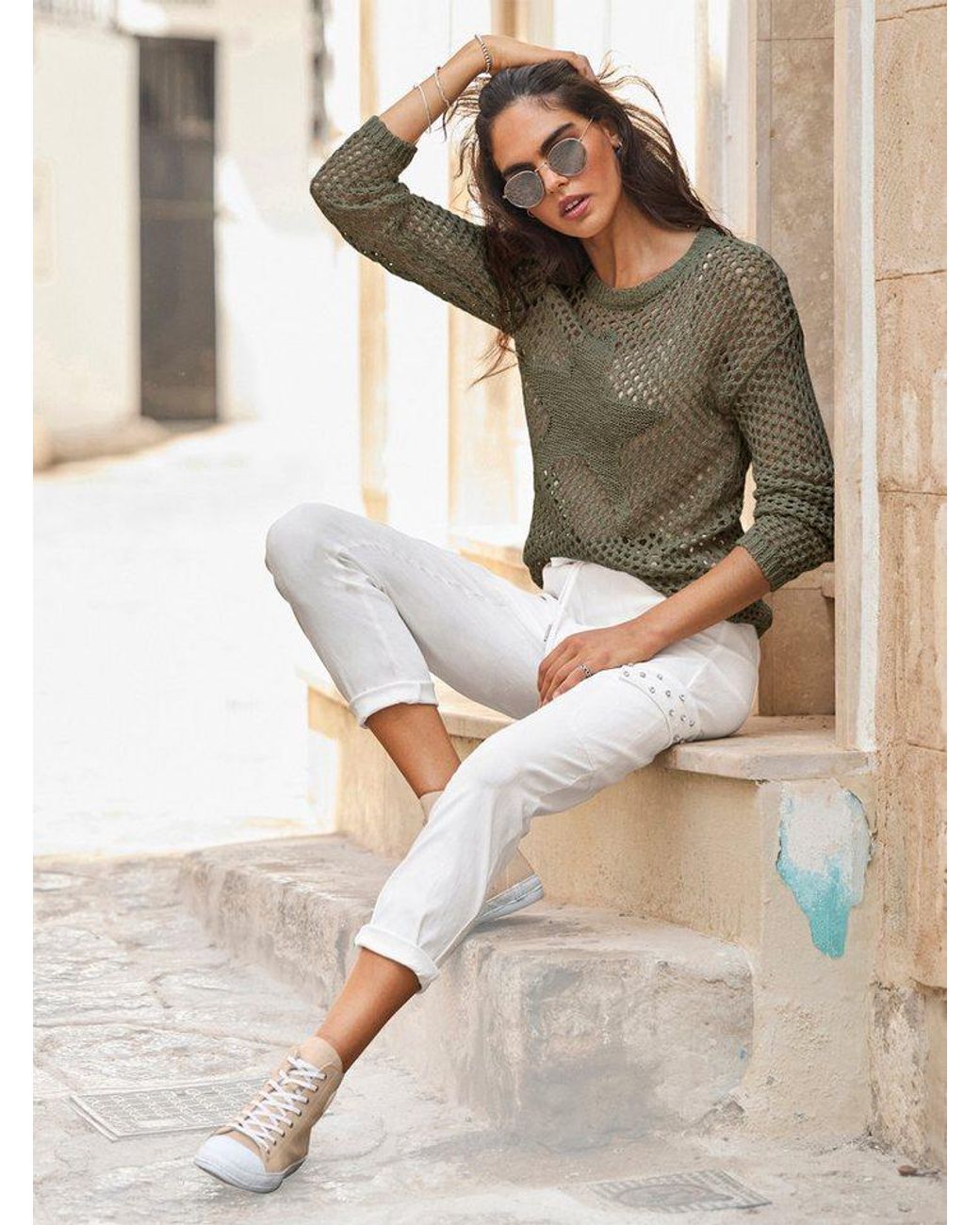 heine Green Strickpullover Pullover Langarm Ajourstrick