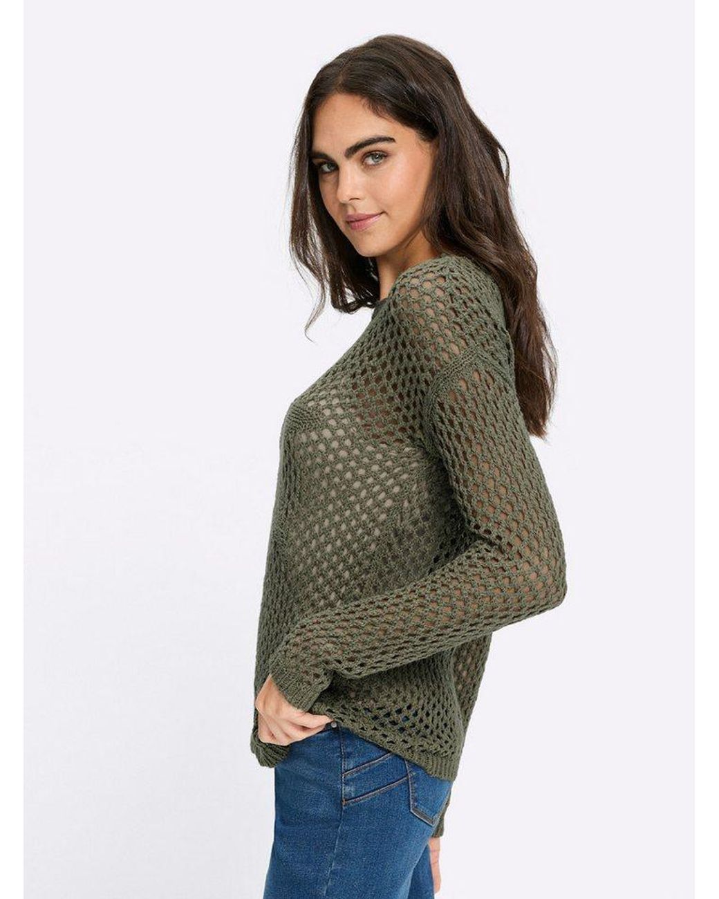 heine Green Strickpullover Pullover Langarm Ajourstrick