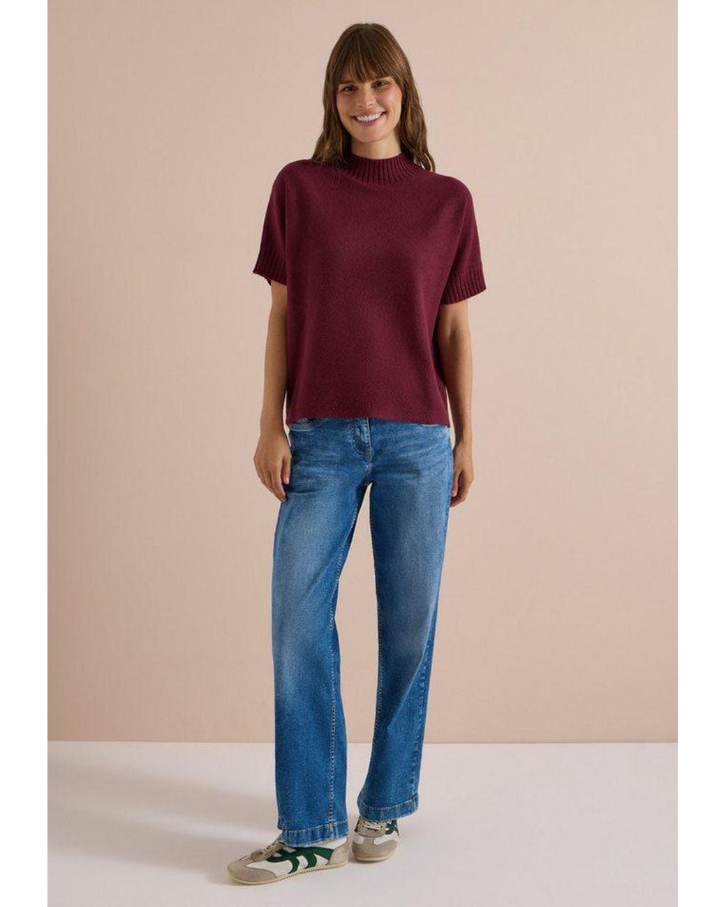 Cecil Red Kurzarmpullover Im Angenehmen Materialmix