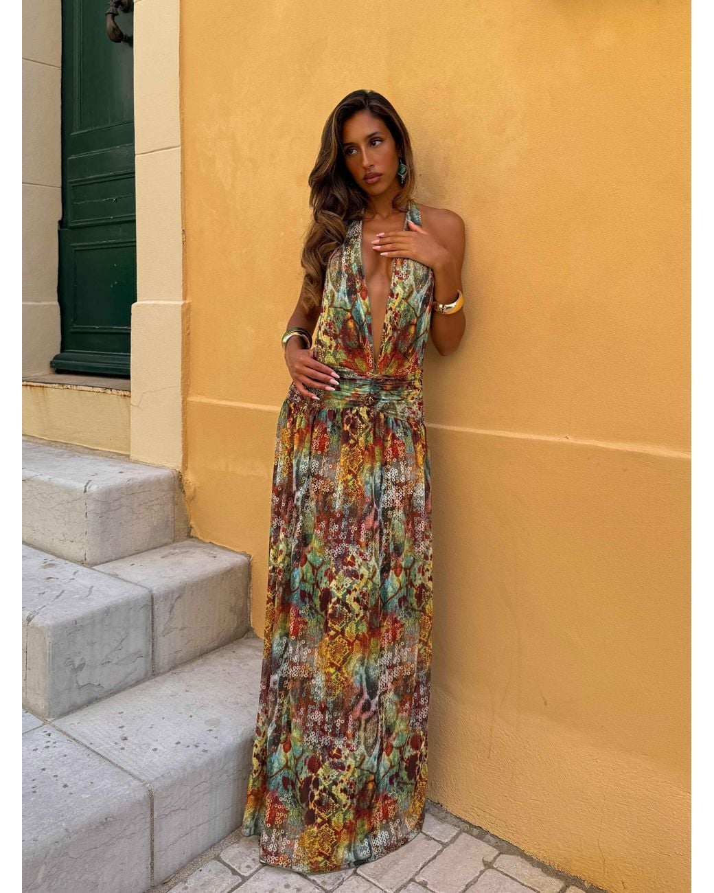 slim fit dress slacks MOSIE MAXI DRESS GREEN STRIPE