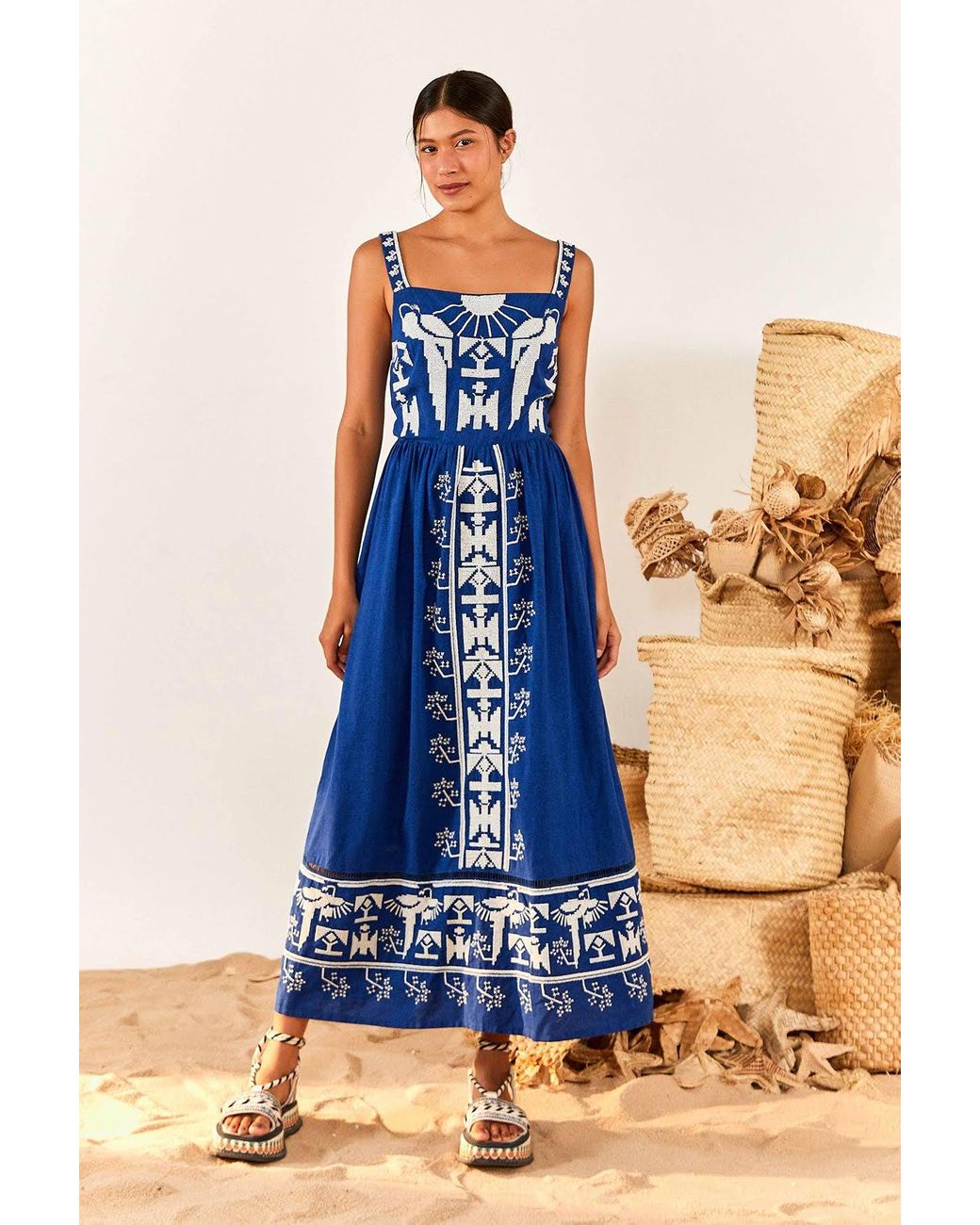 FARM Rio Navy Macaw Embroidered Maxi Dress in Blue | Lyst