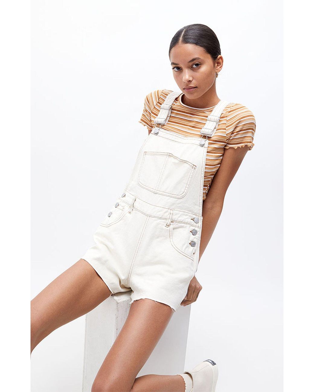PacSun Bone Baggy Short Overalls in Ivory (White) | Lyst