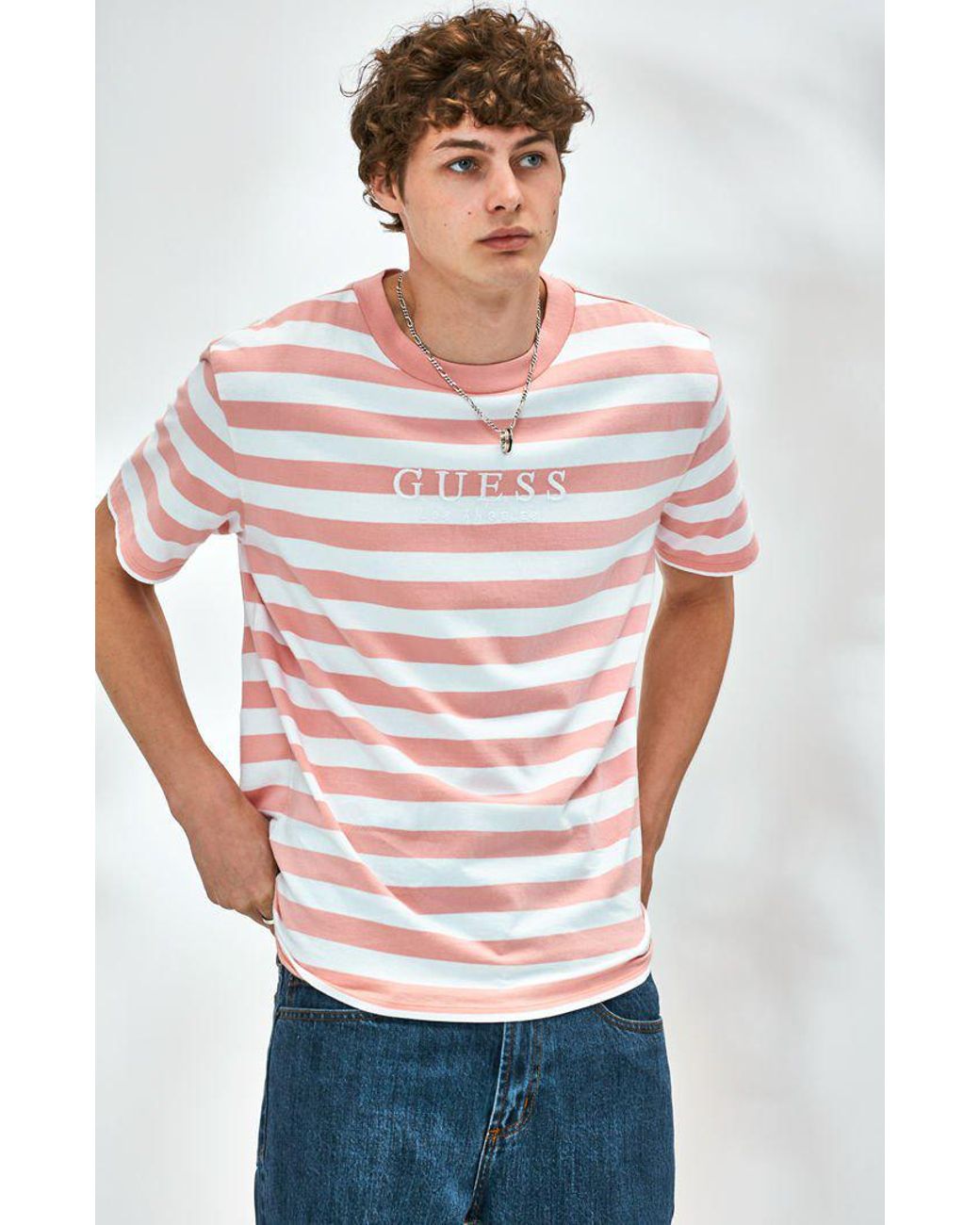 Guess Stream Stripe Pink T-shirt for Men | Lyst
