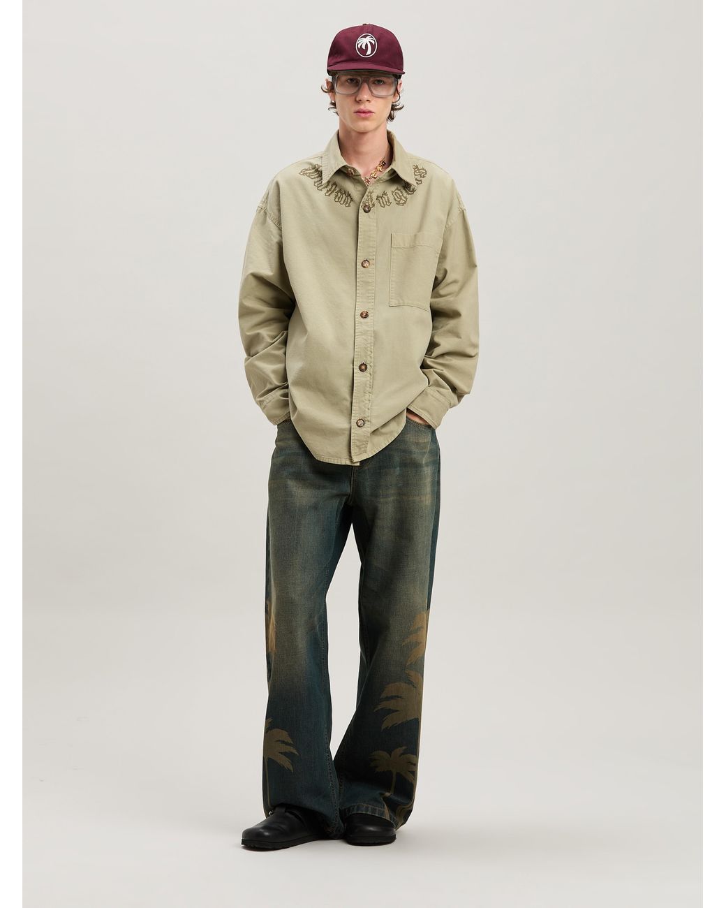 Palm Angels Natural Camel Flame Logo Overshirt for men