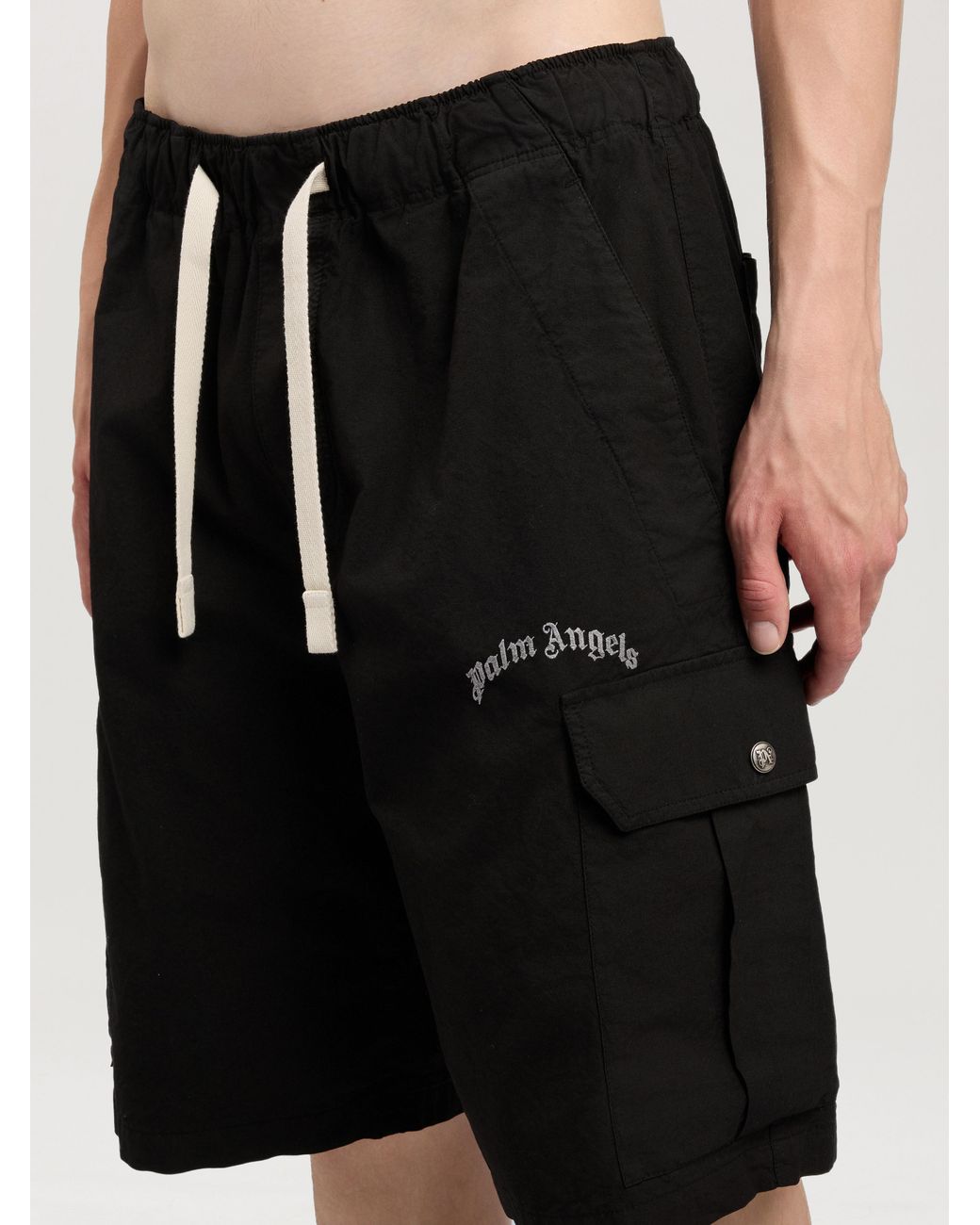 Palm Angels Black Curved Logo Loose Cargo Shorts for men