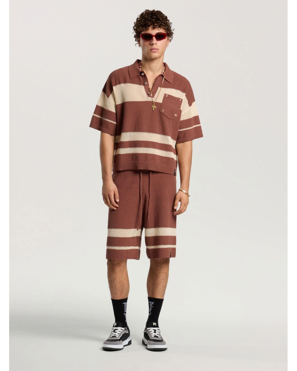 Palm Angels Brown Palm Type Loose Knit Polo for men