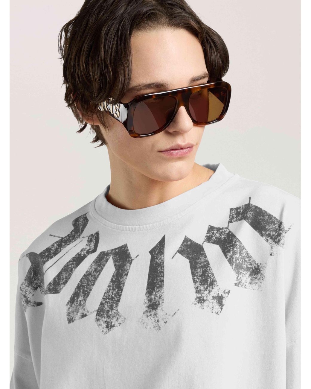 Palm Angels Natural Big Neck Logo Loose T-Shirt Off for men