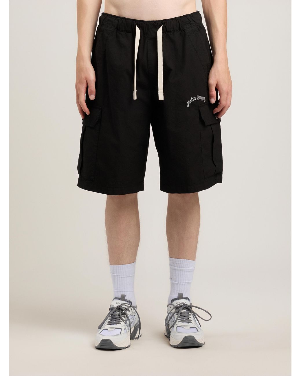 Palm Angels Black Curved Logo Loose Cargo Shorts for men