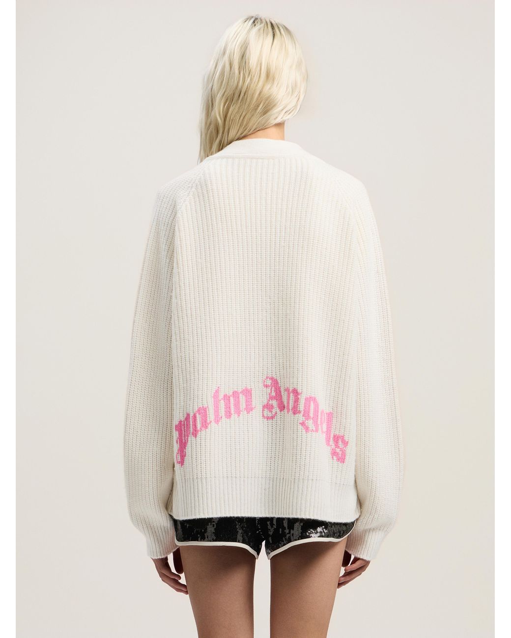 Palm Angels Natural Curved Logo Ribbed Cardigan Off