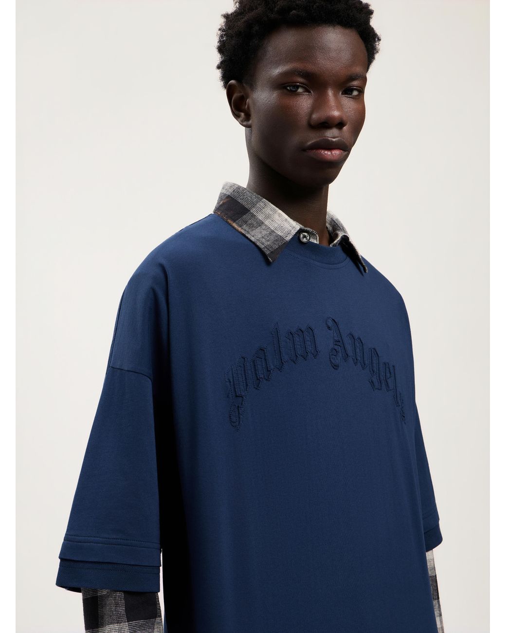 Palm Angels Blue Curved Logo Loose Double T-Shirt for men