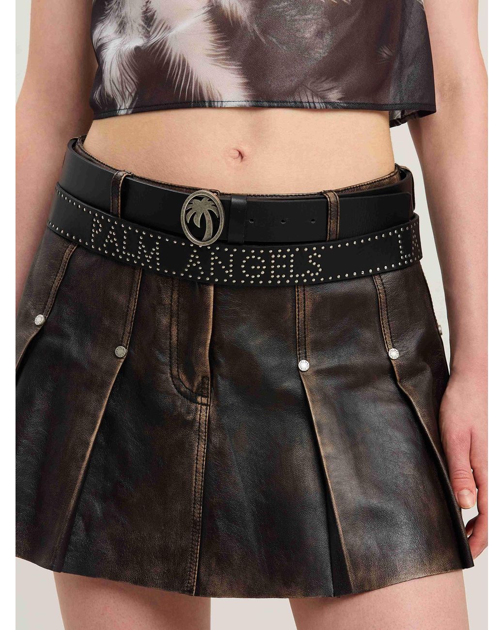 Palm Angels Black Curved Logo Lea Pleated Skirt