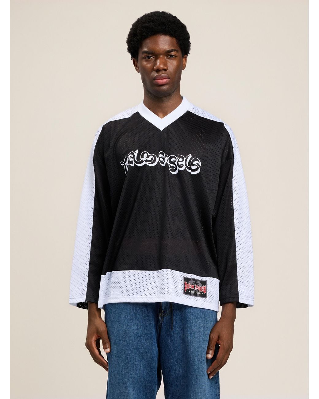 Palm Angels Black Thai Logo Mesh Loose Long-Sleeved T-Shirt for men
