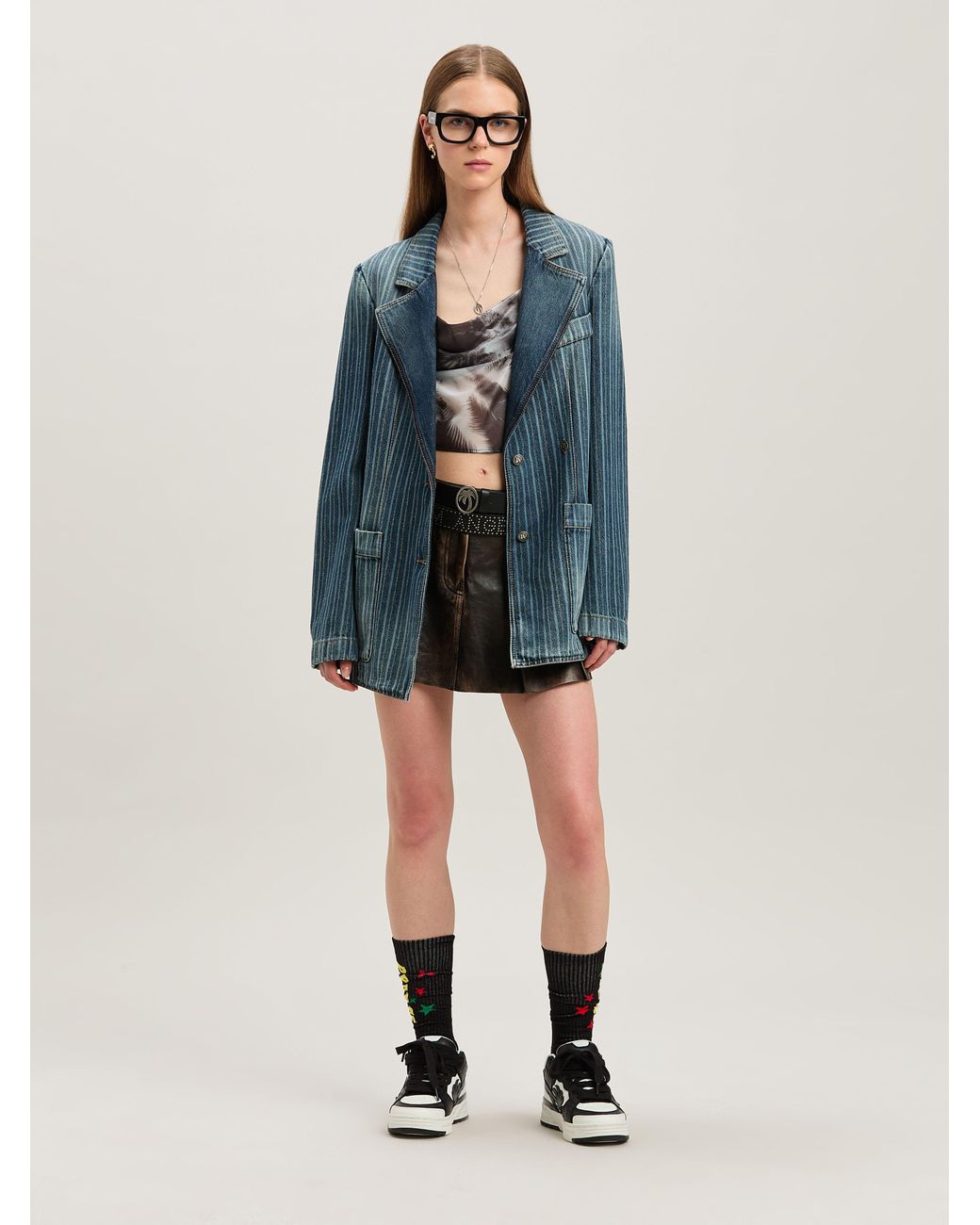 Palm Angels Black Curved Logo Lea Pleated Skirt