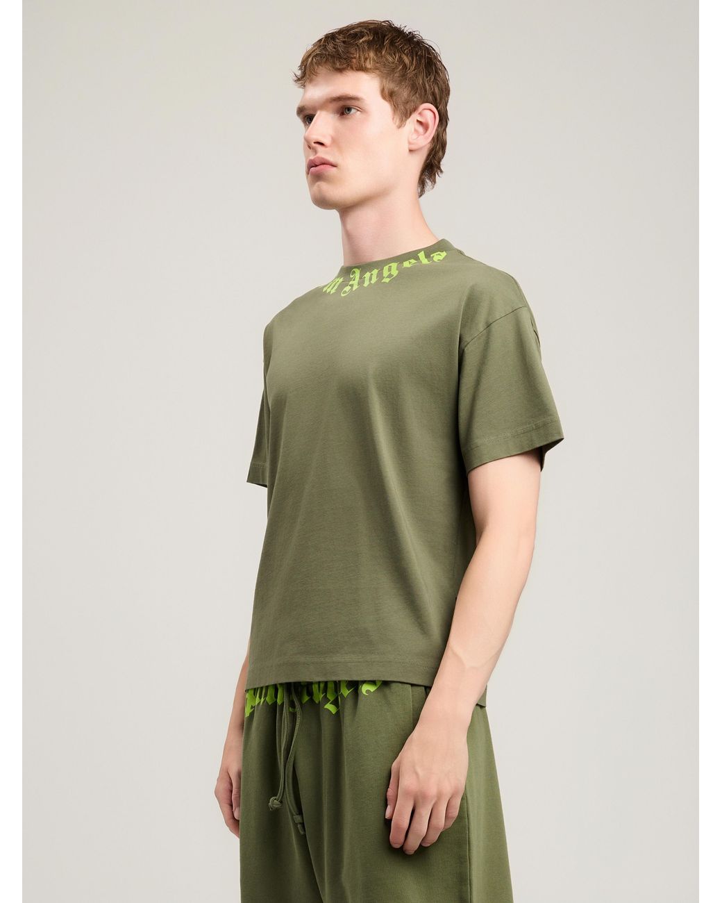 Palm Angels Green Neck Logo T-Shirt for men