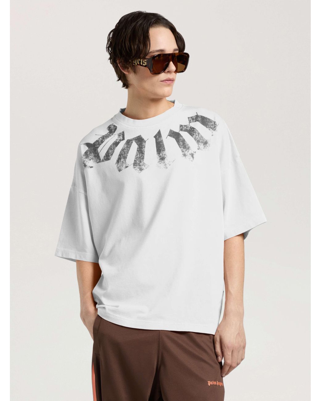 Palm Angels Natural Big Neck Logo Loose T-Shirt Off for men