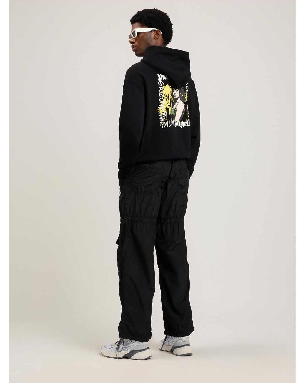 Palm Angels Black Curved Logo Draws Cargo Pants for men
