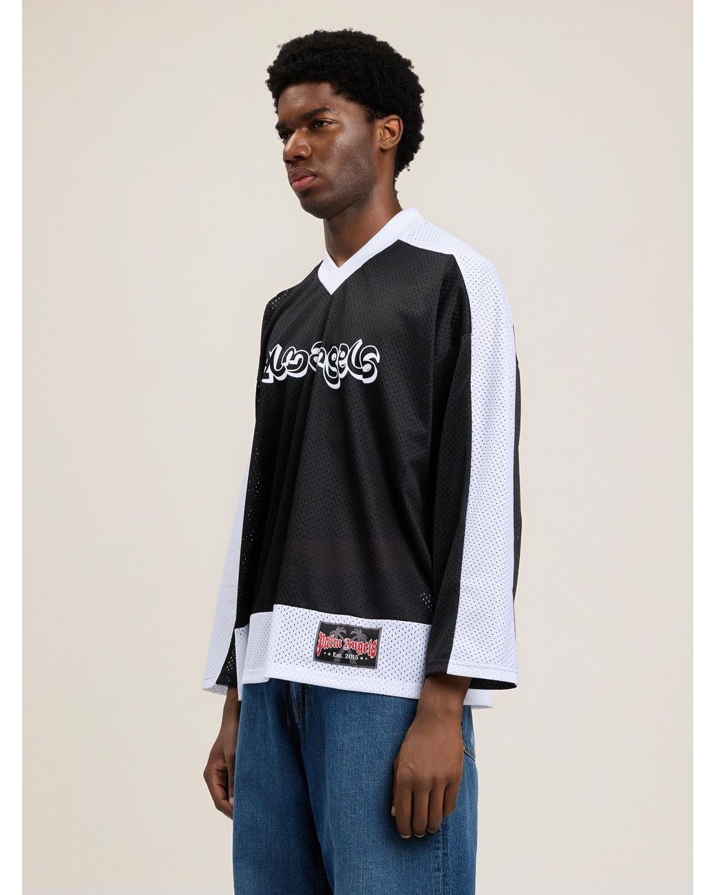 Palm Angels Black Thai Logo Mesh Loose Long-Sleeved T-Shirt for men