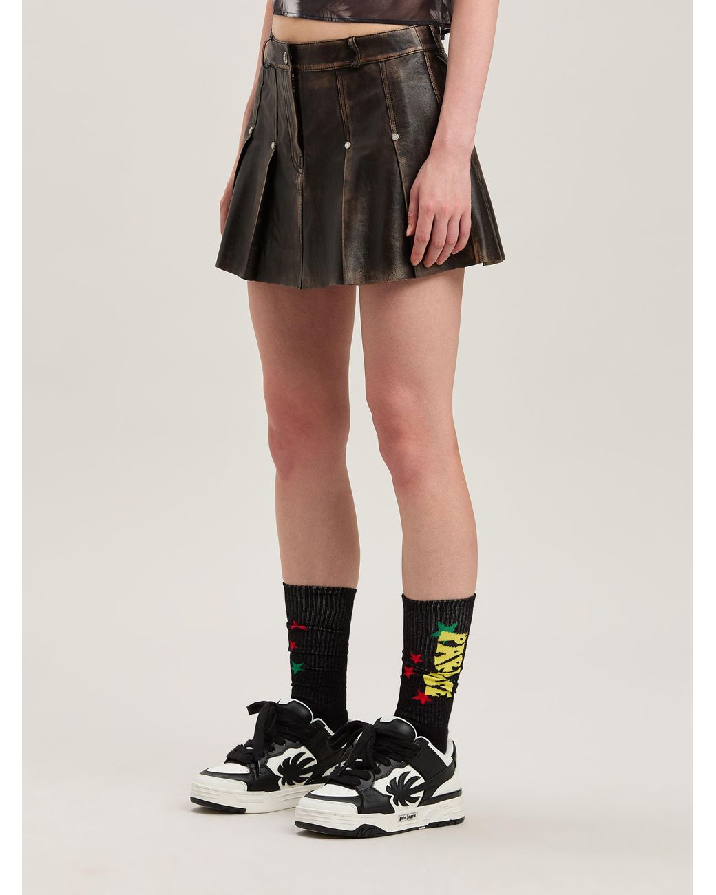 Palm Angels Black Curved Logo Lea Pleated Skirt